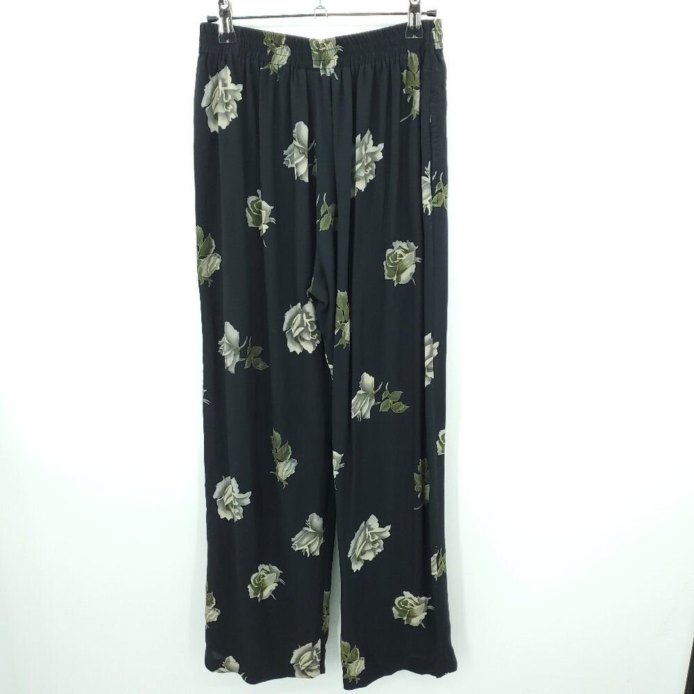 VTG 90s Harari 100% Silk Floral Print Pull On High Rise Straight Leg Pants Black